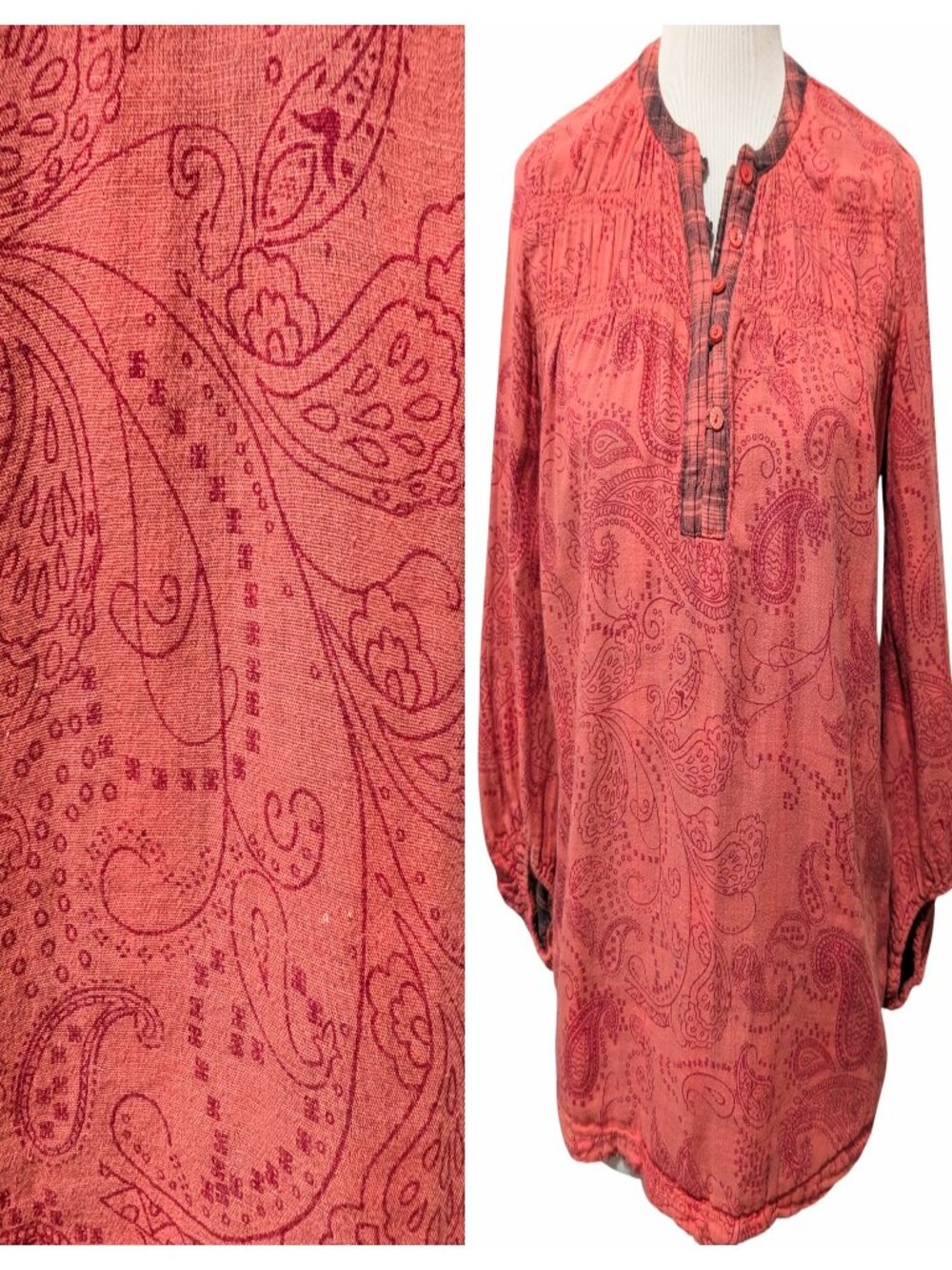 Sundance Womens Size XS Orange Red Paisley Printed 3/4 Balloon Sleeve Cotton Top